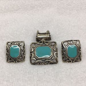 Sterling Silver 925 Mexico Chunky Faux Turquoise Dyed Howlite Pendant & Earrings